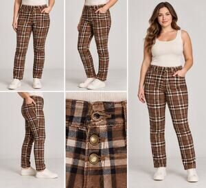 Body By Us Plaid Pants Womens Large Brown Black Stretch Missing Button